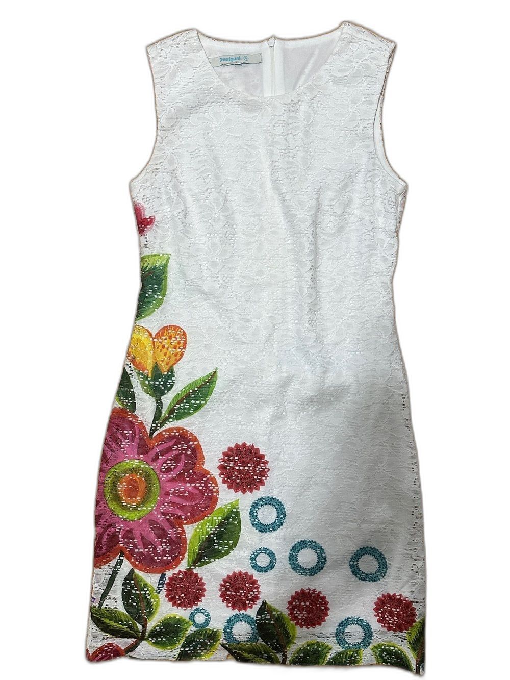 Desigual Lace Shift Dress Womens EU38 White Floral Sleeveless Boho Midi Lace